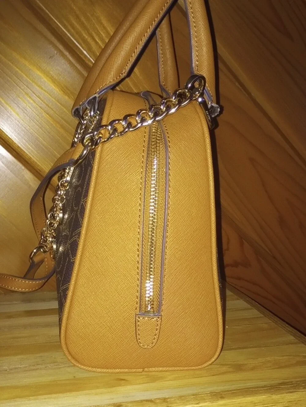 Calvin Klein Brown Monogram Satchel with Tan Trim and Gold Chain